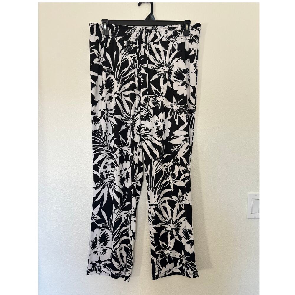 Messini Size 1X Tropical Black White Floral Hawaiian Elastic Waist Pull-On Pants